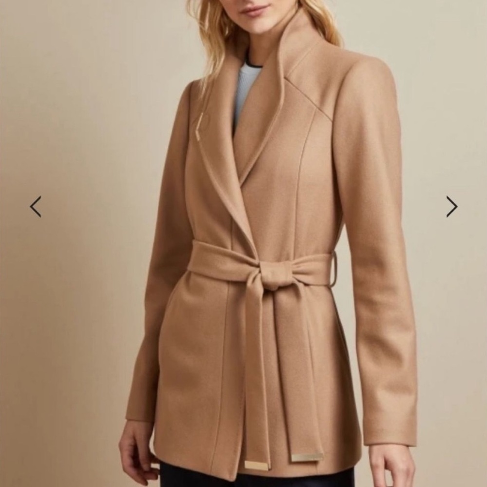 TED BAKER Drytaa Camel Short Belted Wool Wrap Coat